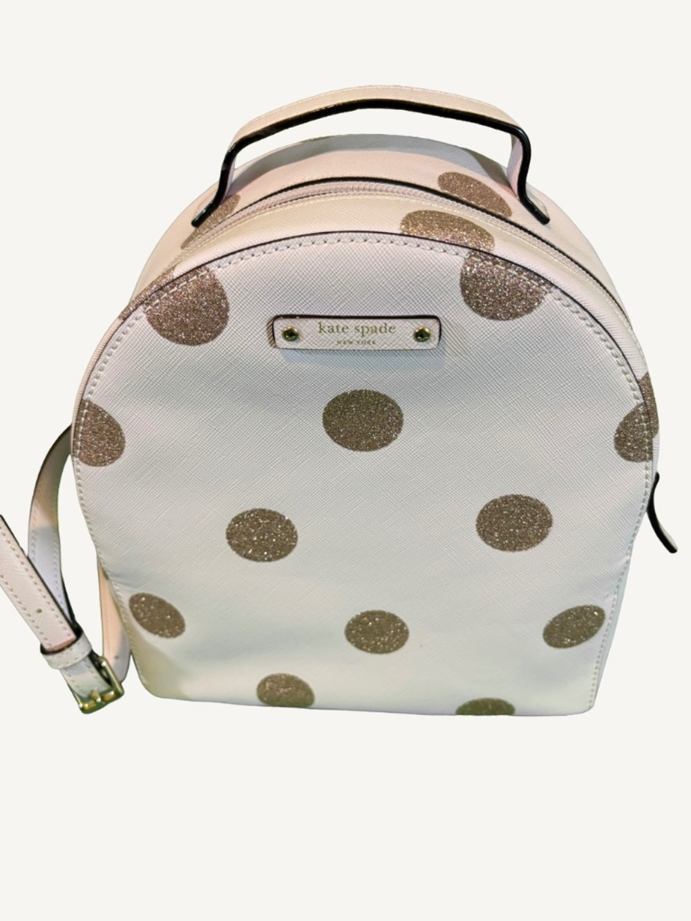 Kate Spade New York White Mini Backpack - Glitter Gold Polka Dots